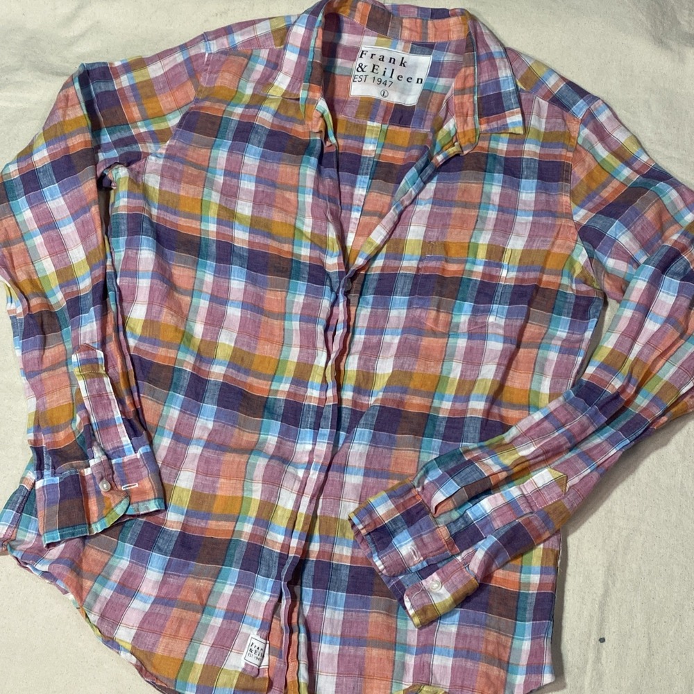 Frank & Eileen 100% Linen Button Shirt Men Large Coral Salmon White Check Italy